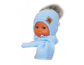 BABY NELLYS Zimní čepička s šálou - chlupáčková bambulka - sv. modrá/šedá