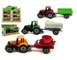 Traktor s prívesom plast / kov 19cm 3 druhy na voľný chod v krabičke 25x13x5,5cm 12ks v boxe Cena za 1ks