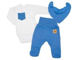 Baby Nellys 3-dílná sada Body dl. rukáv s kapsou, šátek, polodupačky, modrá, bílá