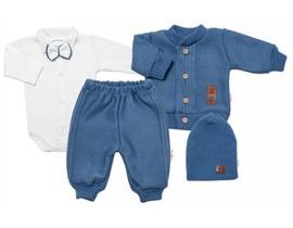 5-dílná pletená sada Baby Nellys, Boy, body, kalhoty, svetr, čepička, motýlek - modrá