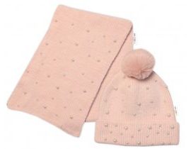 Zimní čepice s bambulí + šál, Pearls, Baby Nellys - pudrově růžová, vel. 54/58