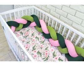 Baby Nellys Mantinel pletený cop s povlečením Květinky, 135x100 - zelená, růžová