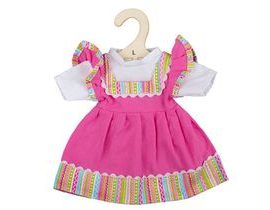 Bigjigs Toys Ružové šaty s pruhovaným lemovaním pre bábiku 38 cm
