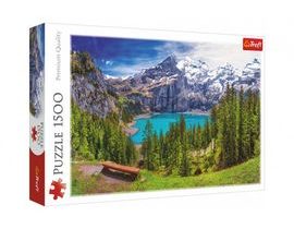 Puzzle Lake Oeschinen Alpy, Švajčiarsko 1500 kusov 85x58cm v rámčeku 40x26x6cm