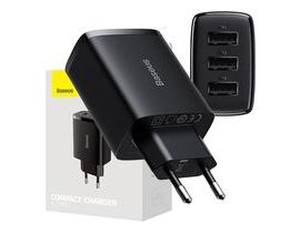 Kompaktní rychlonabíječka Baseus, 3x USB, 17 W (černá)