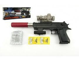 Pistole plast/kov 33cm na vodní kuličky + náboje na baterie se světlem v krabici 34x13x4cm
