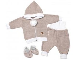 Baby Nellys 3-dílná souprava Hand made, pletený kabátek, kalhoty a botičky, béžová, vel.68