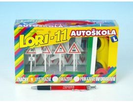 Stavebnice LORI 11 Autoškola Dopravní značky 16ks+2 kužely+auto plast v krabici 22x13x6cm