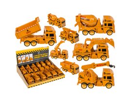 Stavební vozidla s pohyblivými funkcemi, cca. 10, 5 cm, 4 druhy (bagr, mixér, nákladní vůz a jeřáb)