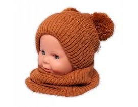 BABY NELLYS Zimní pletená čepice + nákrčník - hnědá s bambulkami