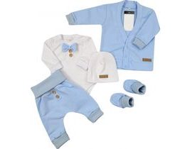 Bavlněná sada, body, kalhoty, motýlek a čepice Elegant Boy 5D, Kazum, modrá/bílá, vel. 74