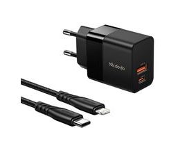 Nástěnná nabíječka Mcdodo CH-1952 USB + USB-C, 20W + kabel USB-C na Lightning (černá)