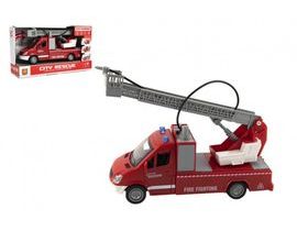 Auto hasiči plast 27cm na setrvačník na baterie se zvukem se světlem v krabici 32x19x12cm