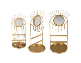 Zlatý kovový držák na šperky se zrcátkem, oko, s držákem na řetízky, prsteny, náušnice