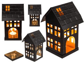 Čierny kovový dekoratívny dom pre čajové sviečky