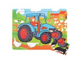Bigjigs Toys Drevené puzzle traktor 9 dielikov