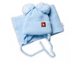 Dětská zimní čepice s šálou STAR - modrá s bambulkami, vel. 68/80, BABY NELLYS
