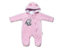 Baby Nellys Chlupáčkový overálek s kapucí, Cute Bunny - světle růžový, vel. 62
