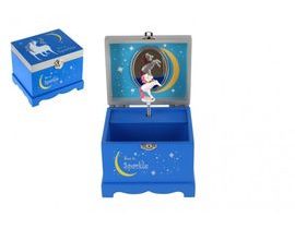 Skříňka šperkovnice jednorožec hrající na natažení dřevo odklápěcí vrch modrá 12,5x10,5cm v krabičce