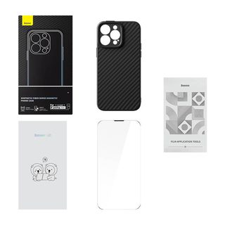 Magnetické pouzdro Baseus řady Synthetic Fiber pro iPhone 14 Pro (černé)+ tvrzené sklo + čisticí sada