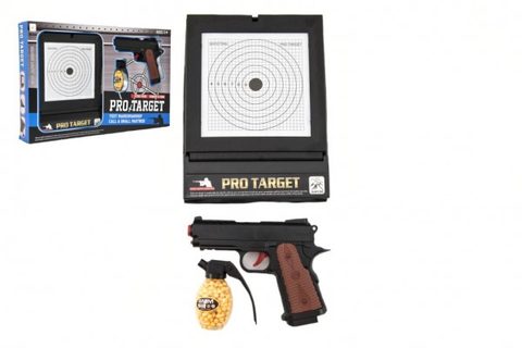 Pištoľ plast na guličky 6mm s terčom v krabici 45x29x5cm Cena za 1ks