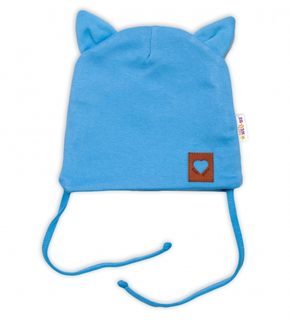 Baby Nellys Bavlněná dvouvrstvá čepice s oušky na zavazování FOX - modrá, vel. 68/74