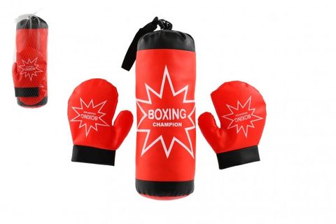 Boxovacie vrece + rukavice z červenej/čiernej látky v sieťovine 12x37x15cm