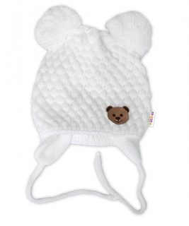Zimní pletená čepice Teddy Bear na zavazování, bílá, smetanová, 68/80, (6-12m),Baby Nellys