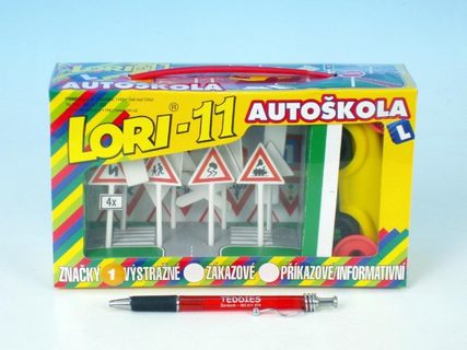 Stavebnica LORI 11 Autoškola Dopravné značky 16ks + 2 kužele + auto plast v krabici 22x13x6cm Cena za 1ks