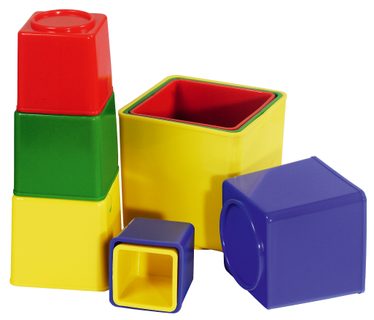 Kubus pyramida skládanka hranatá plast asst 4 barvy 9ks v sáčku 9x9x9cm 12m+