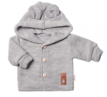 Dětský elegantní pletený svetřík s knoflíčky a kapucí s oušky Baby Nellys, šedý