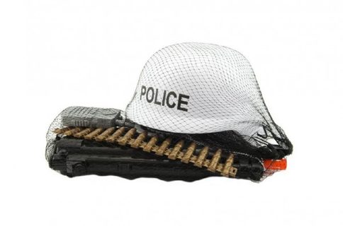 Sada polícia helma + samopal na zotrvačník s doplnkami plast v sieťke Cena za 1ks