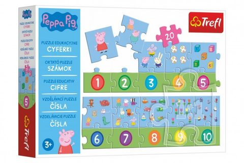 Puzzle vzdelávacie Čísla Prasiatko Peppa / modré plavky 20 dielikov 117x19,5cm v krabici 33x23x6cm Cena za 1ks