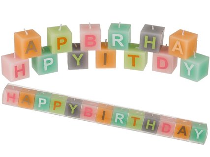 Barevné čtvercové svíčky s písmeny, Happy Birthday