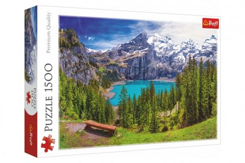 Puzzle Jezero Oeschinen Alpy, Švýcarsko 1500 dílků 85x58cm v krabici 40x26x6cm
