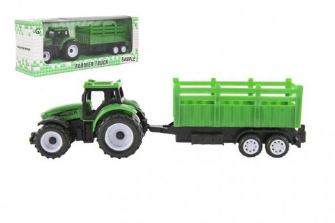 Traktor s vlekom plast 21cm na voľný chod 2 farby v krabičke 23x9x6cm Cena za 1ks