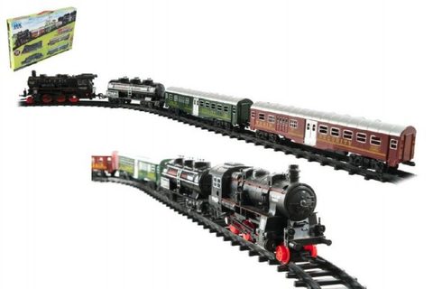 Vlak + 3 vagóny s koľajami 24ks plast na batérie so svetlom so zvukom v krabici 59x39x6cm Cena za 1ks