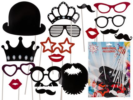 Party photo accessories on stick (Moustache, Lips, Hat, Crown, Glasses, Beard) set of 17 pcs. in polybag with headercard