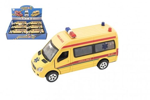 Auto ambulancie kov / plast 15cm na batérie so svetlom so zvukom na spätné natiahnutie 6ks v boxe Cena za 1ks