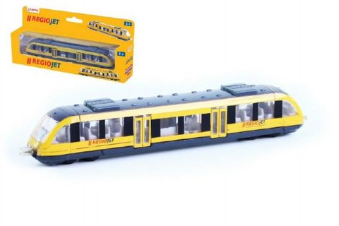 Vlak žltý RegioJet kov / plast 17cm na voľný chod v krabičke 21x9,5x4cm Cena za 1ks
