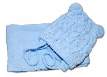 Zimní pletená kojenecká čepička s šálou TEDDY - modrá s bambulkami, vel. 62/68
