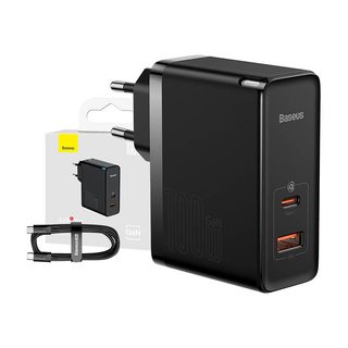Nástěnná nabíječka Baseus GaN USB-C + USB, 100 W + 1m kabel (černá)