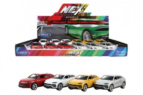 Auto Welly Lamborghini Urus kov / plast 12cm 4 farby na spätné natiahnutie 12ks v boxe Cena za 1ks