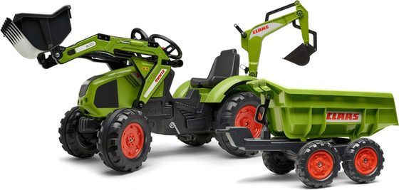 AKCE - FALK Šlapací traktor 1010W Claas Axos s nakladačem, rypadlem a vlečkou