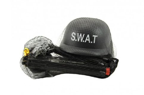 Sada SWAT helma + pištoľ na zotrvačník s doplnkami plast v sieťke Cena za 1ks
