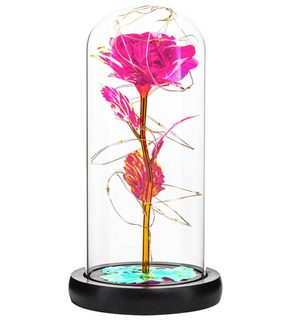Věčná růže ve skleněné kopuli s LED osvětlením 19 cm - růžová