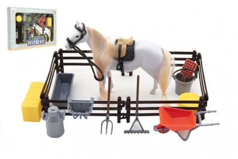 Kôň česacia biely plast s doplnkami a ohradou v krabici 34x25x5cm Cena za 1ks