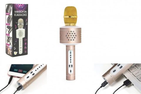 Mikrofón karaoke Bluetooth zlatý na batérie s USB káblom v krabici 10x28x8,5cm Cena za 1ks