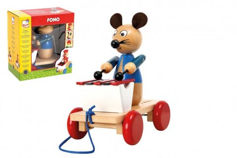 Myš s xylofonem tahací barevná dřevěná 19cm v krabičce 20x22x12cm