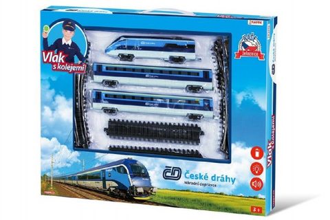 Sada vlak České dráhy s koľajami 23ks na batérie so zvukom sa svetlom v krabici 55x43x5cm Cena za 1ks